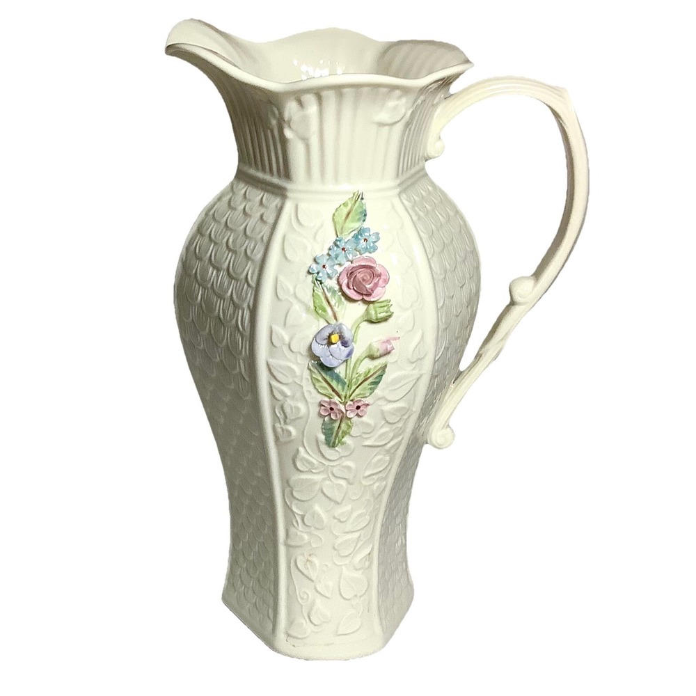 Belleek Ireland Millennium Collection 10 1/4" Flowers & Bird Pitcher